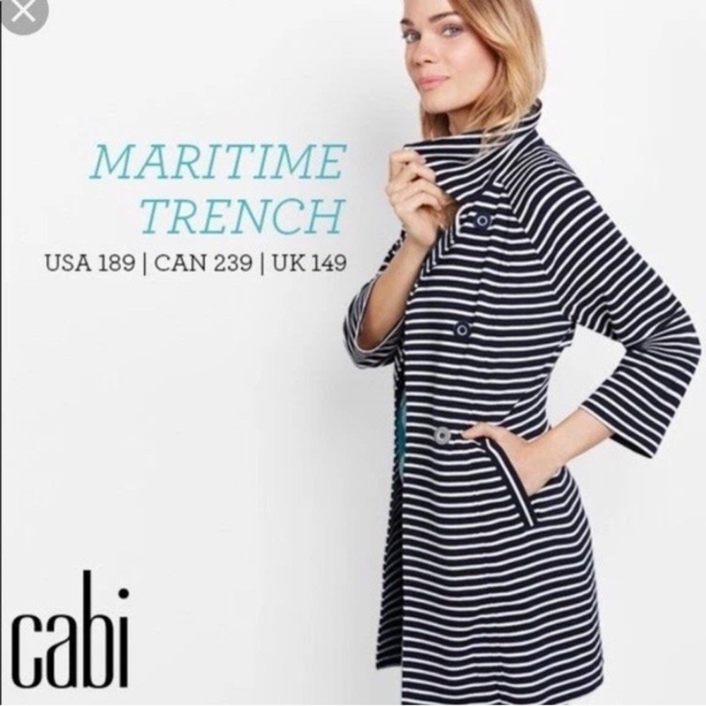 Cabi Jacket Women's XS Maritime Trench Coat Blue White Striped 3/4 Sleeves #5151